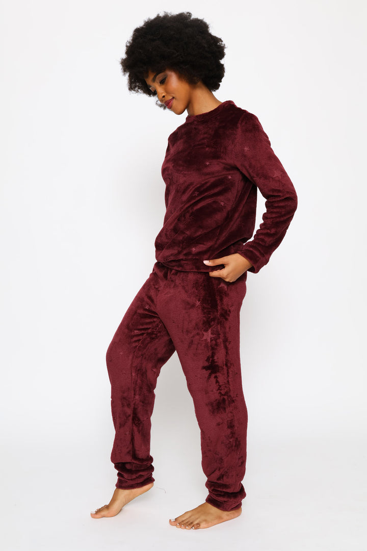 Long Sleeve Embossed Jogger Set - Burgundy