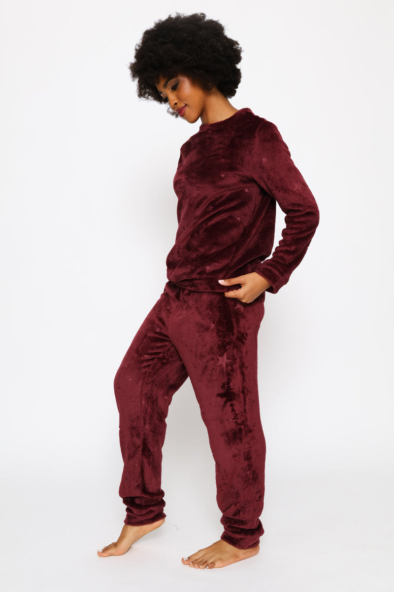 Long Sleeve Embossed Jogger Set - Burgundy