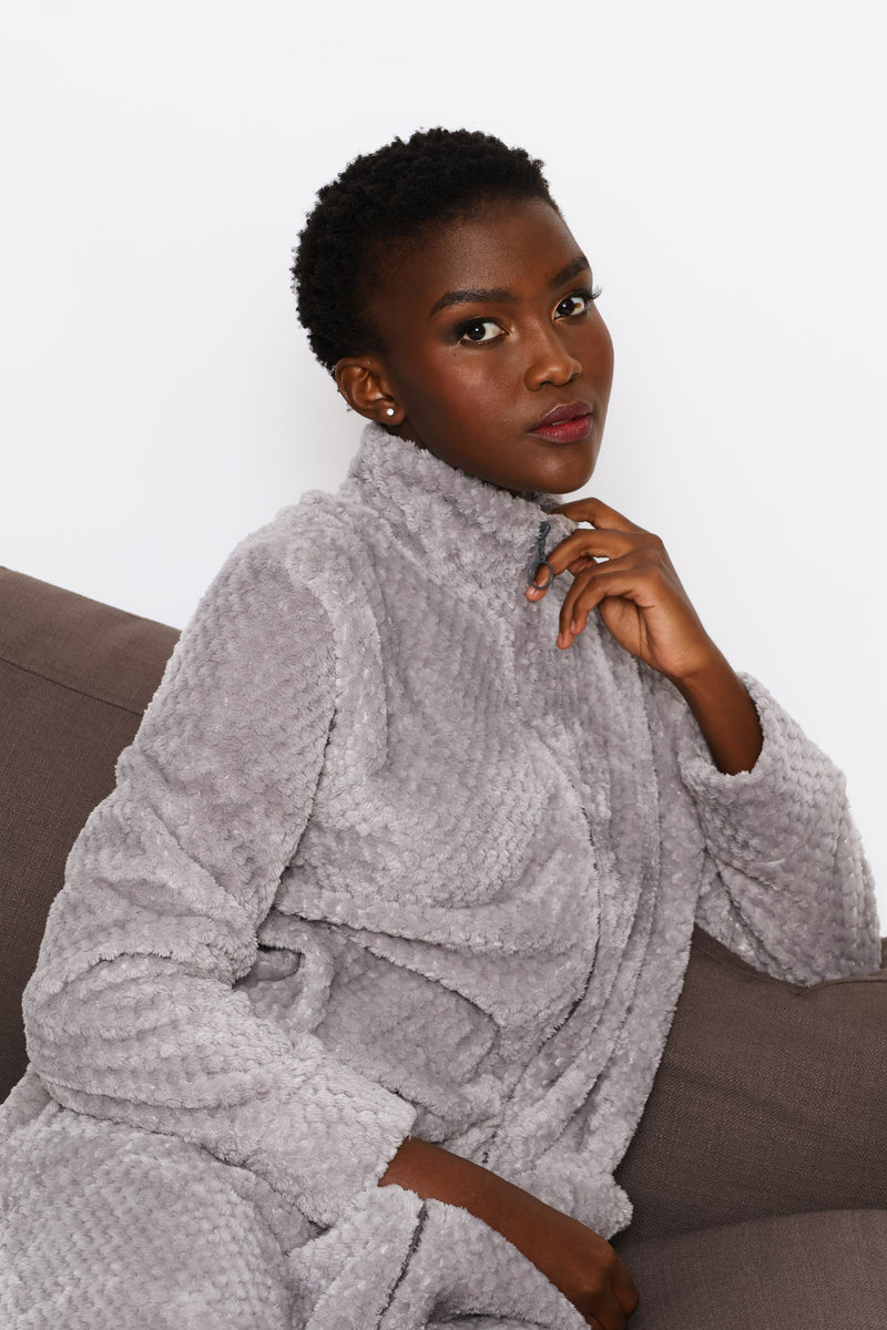 Zip Through Waffle Gown - Grey