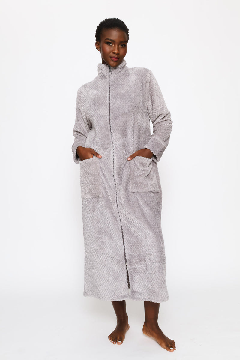 Zip Through Waffle Gown - Grey