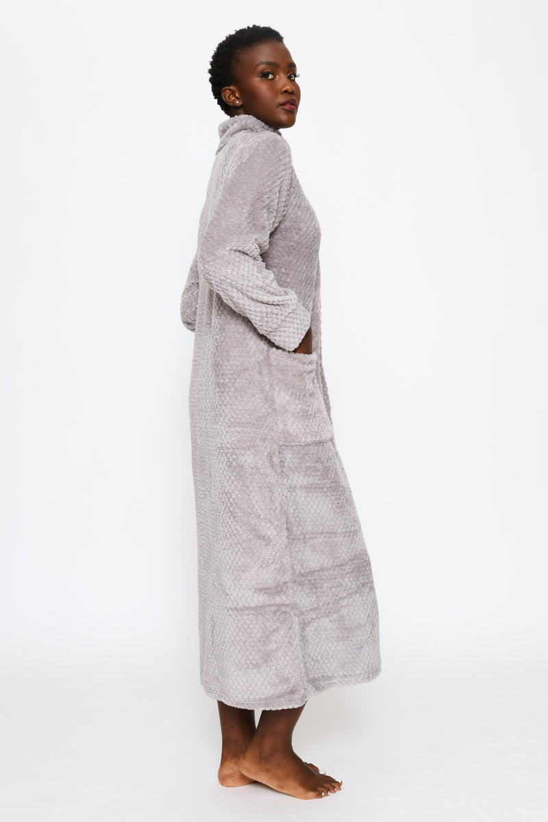 Zip Through Waffle Gown - Grey