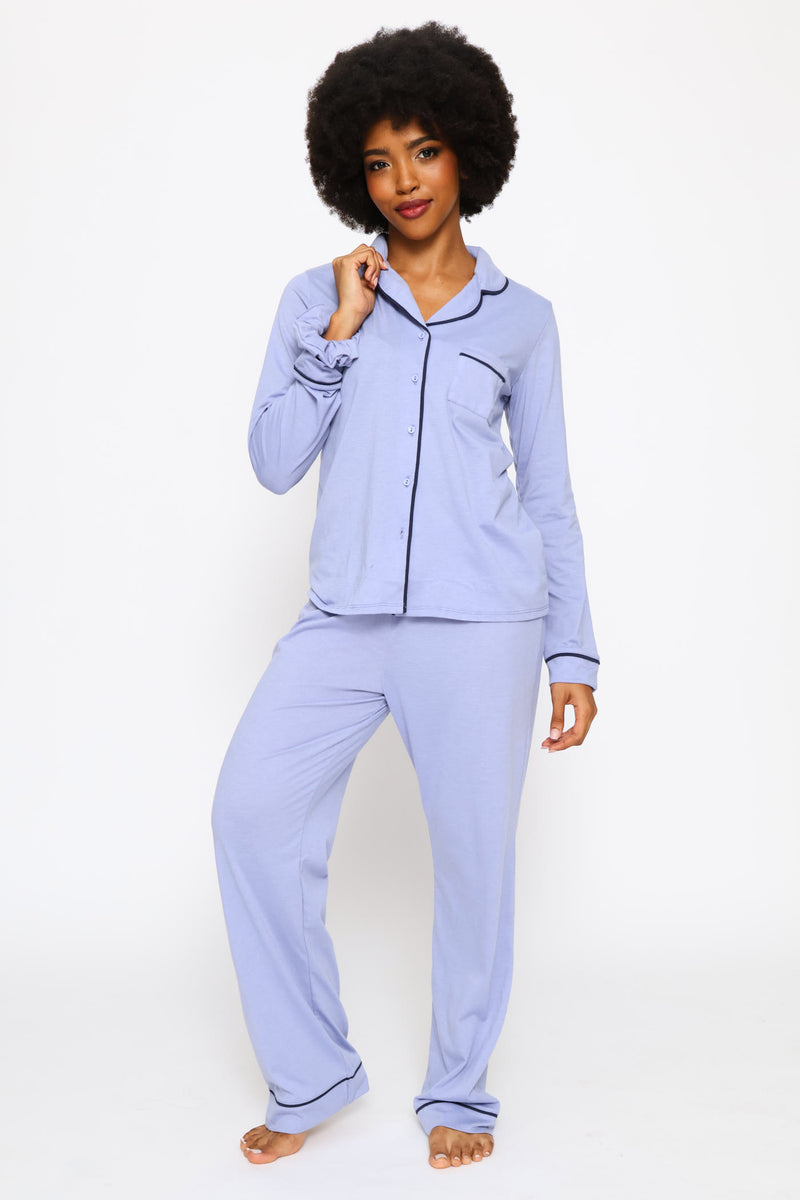 Piping Detail Long Sleeve Button Through & Knit Pant Set - Blue