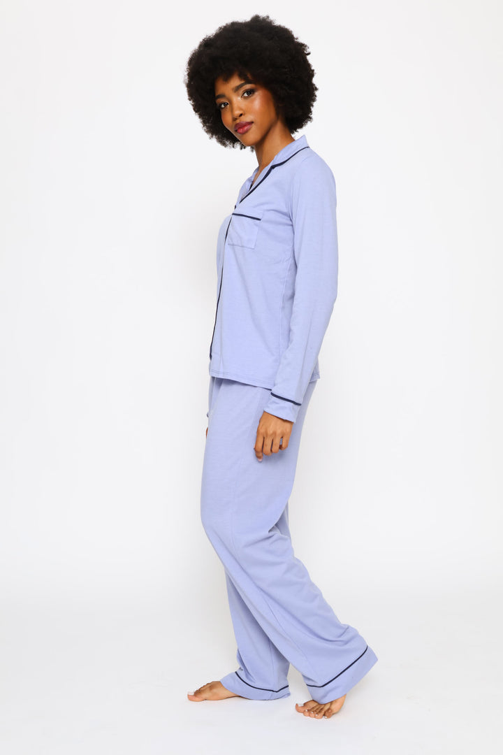 Piping Detail Long Sleeve Button Through & Knit Pant Set - Blue