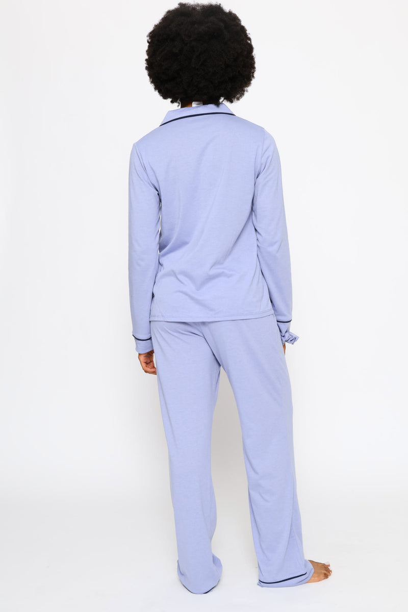 Piping Detail Long Sleeve Button Through & Knit Pant Set - Blue