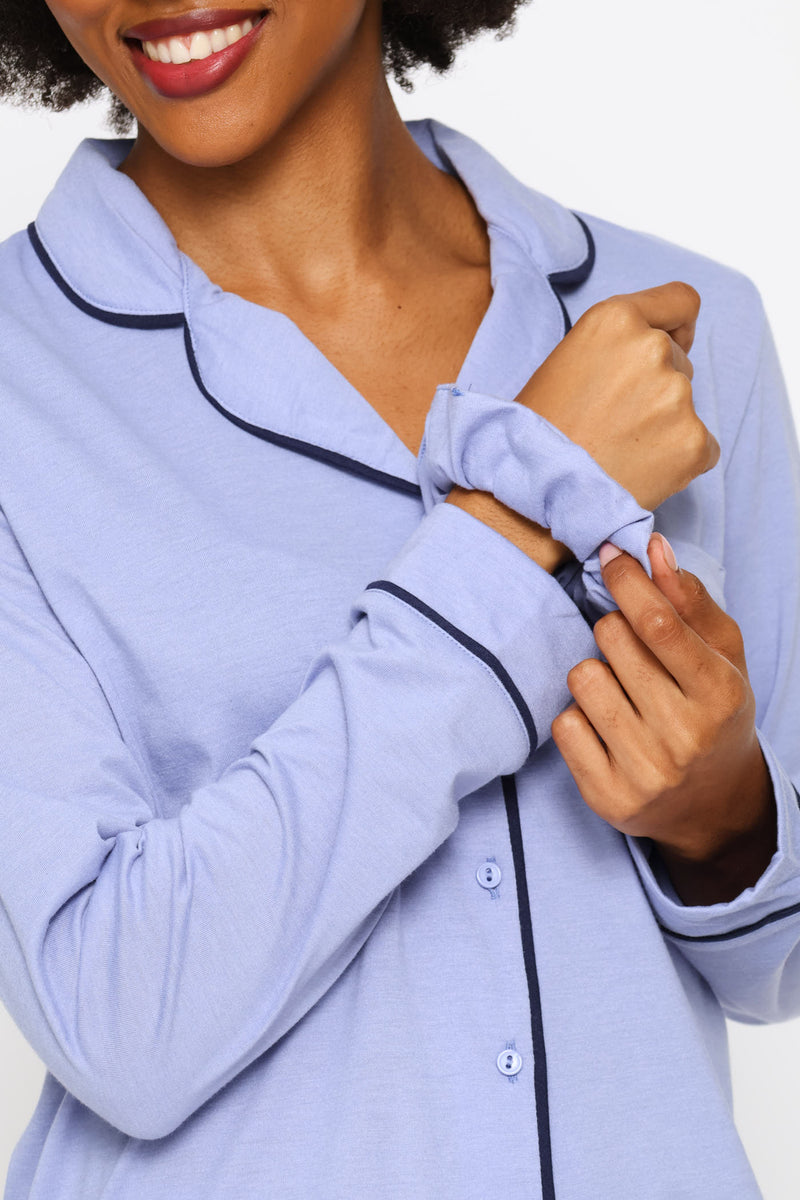 Piping Detail Long Sleeve Button Through & Knit Pant Set - Blue