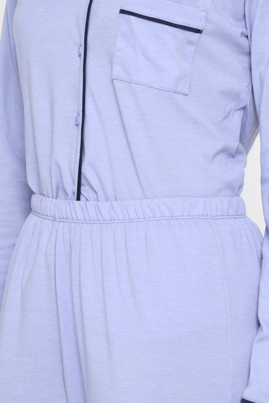 Piping Detail Long Sleeve Button Through & Knit Pant Set - Blue