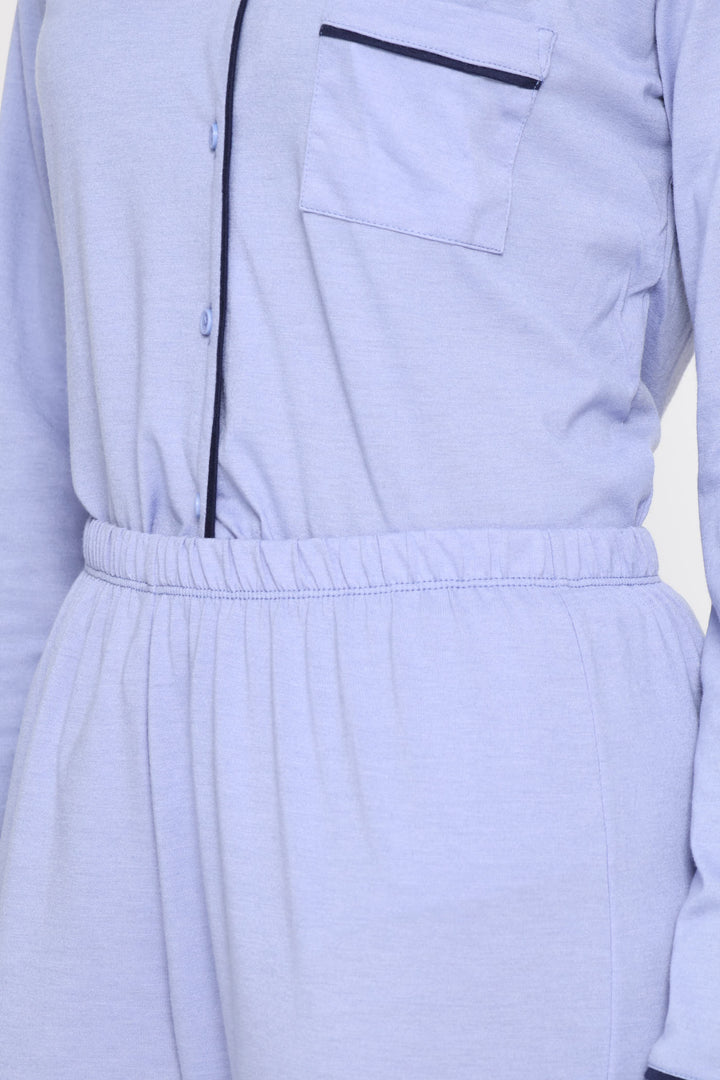Piping Detail Long Sleeve Button Through & Knit Pant Set - Blue