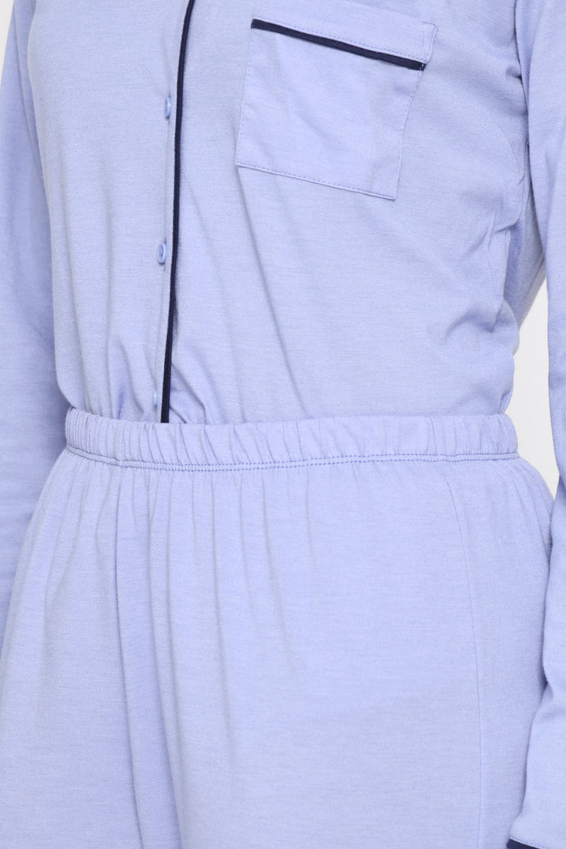 Piping Detail Long Sleeve Button Through & Knit Pant Set - Blue