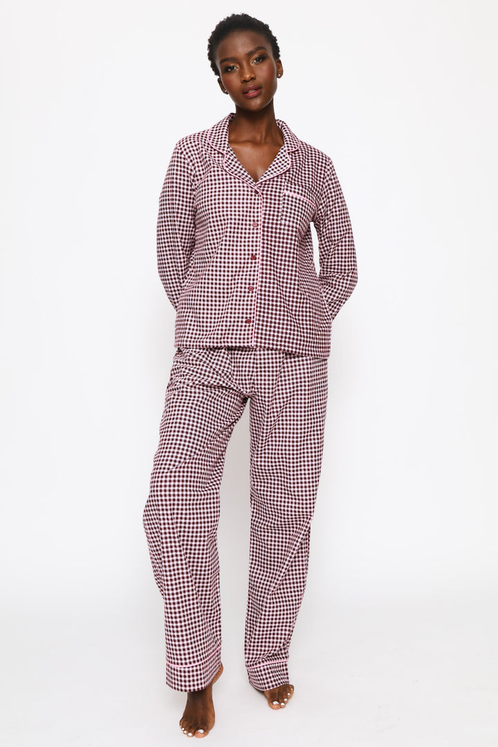 Long Sleeve Button Through & Flannel Pant Set - Burgundy