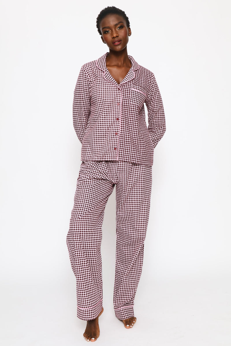 Long Sleeve Button Through & Flannel Pant Set - Burgundy