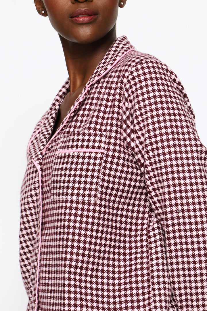 Long Sleeve Button Through & Flannel Pant Set - Burgundy