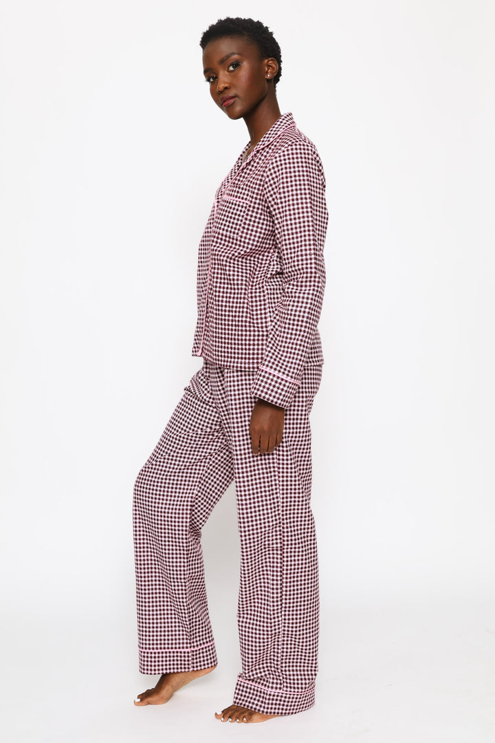 Long Sleeve Button Through & Flannel Pant Set - Burgundy