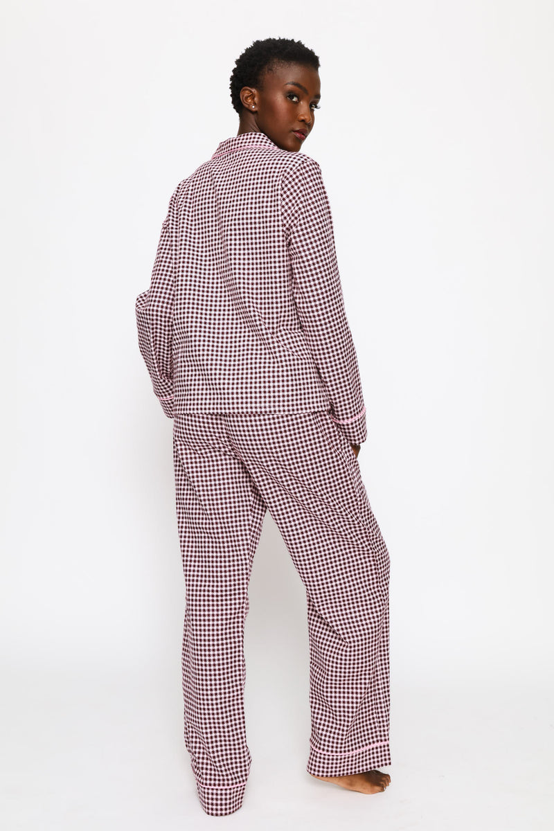 Long Sleeve Button Through & Flannel Pant Set - Burgundy