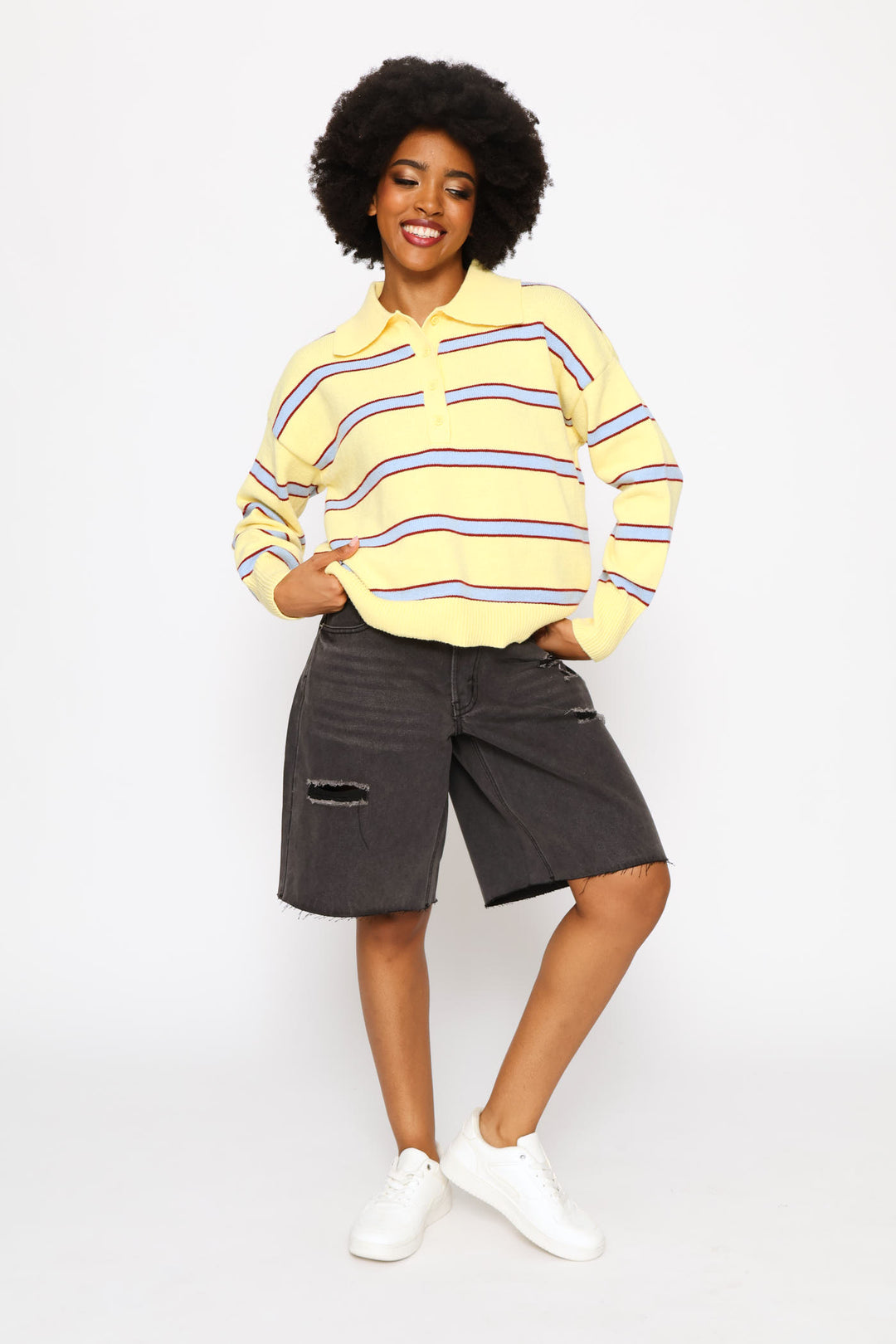 Stripe Johnny Collar Pullover - Yellow