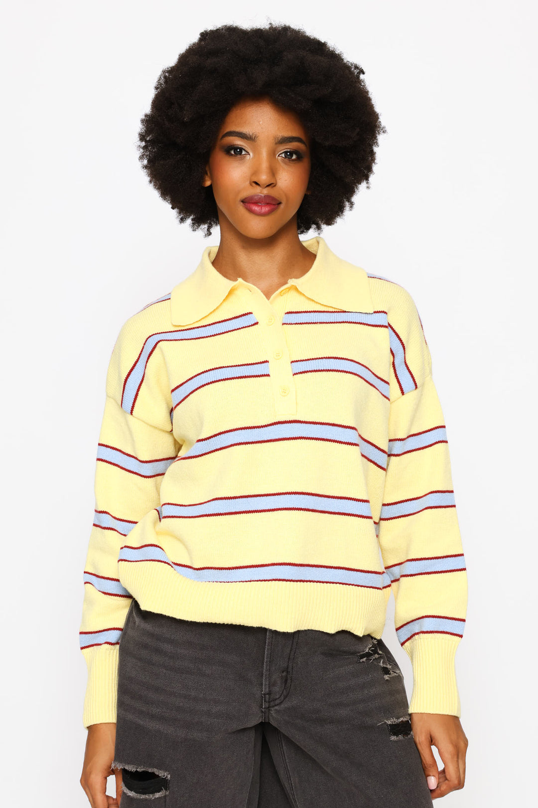 Stripe Johnny Collar Pullover - Yellow