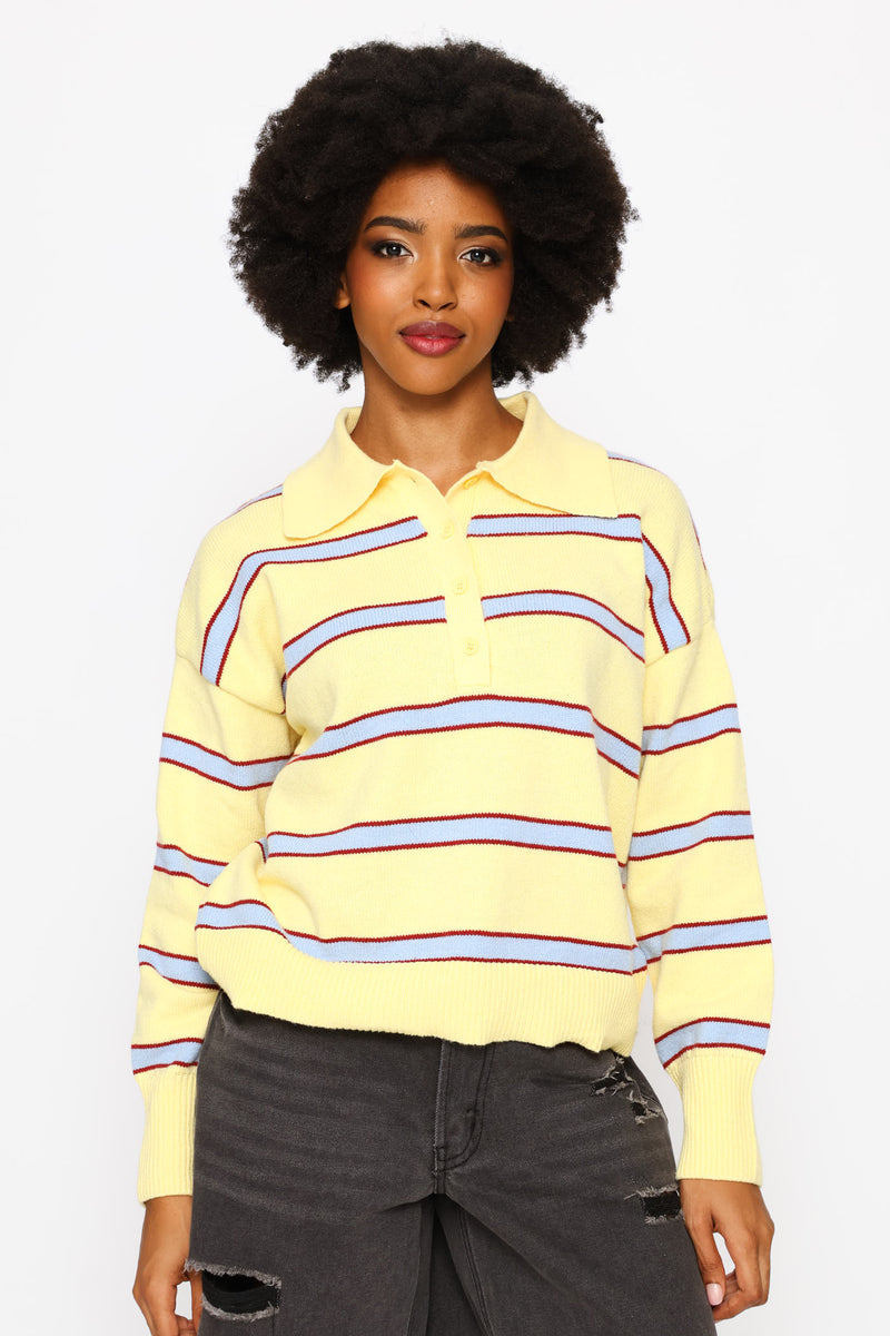 Stripe Johnny Collar Pullover - Yellow