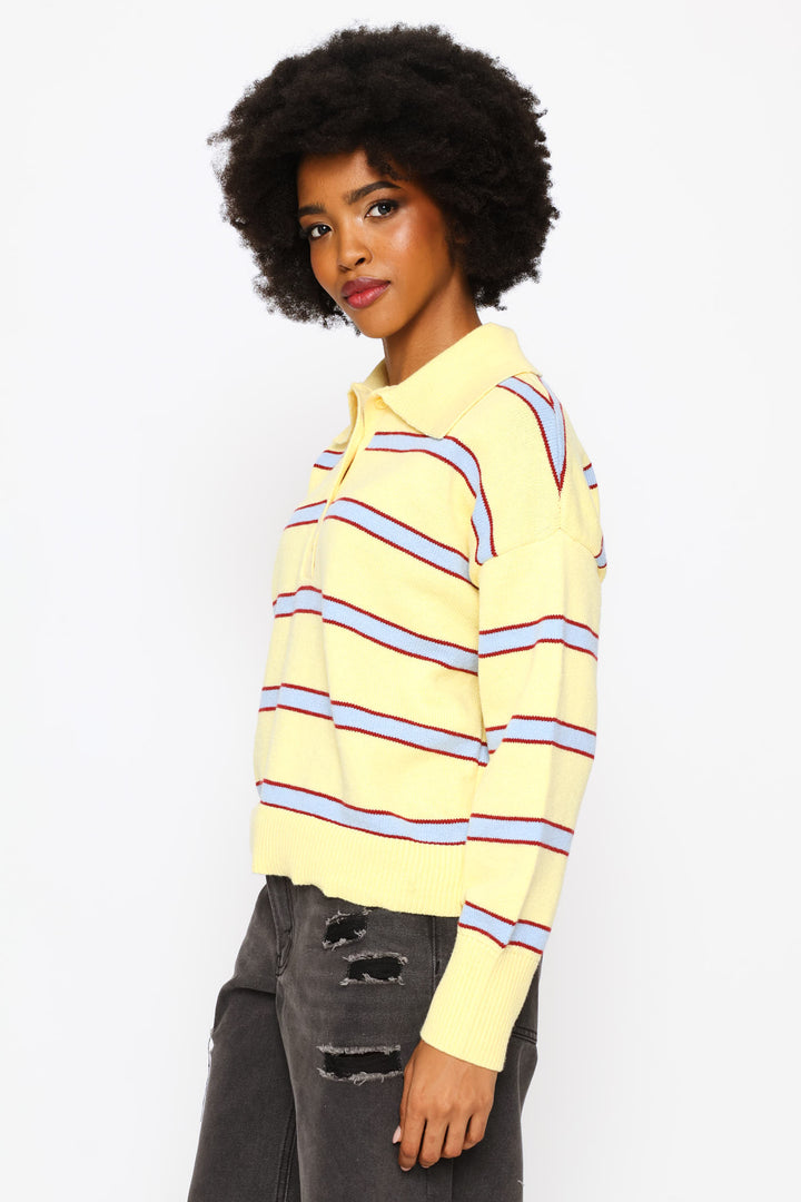 Stripe Johnny Collar Pullover - Yellow