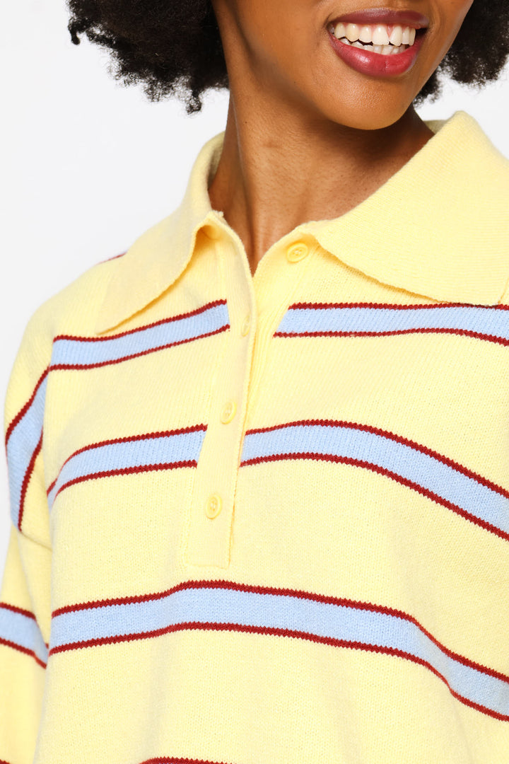 Stripe Johnny Collar Pullover - Yellow