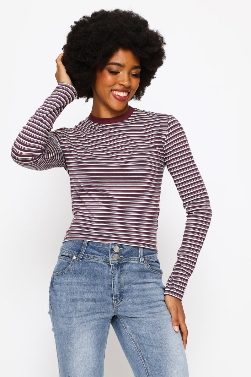 Long Sleeve Yarn Dye Stripe Tee - Burgundy