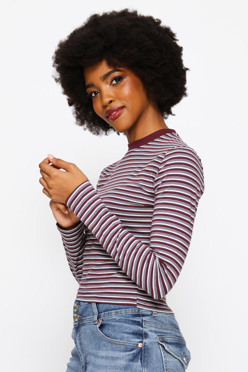 Long Sleeve Yarn Dye Stripe Tee - Burgundy