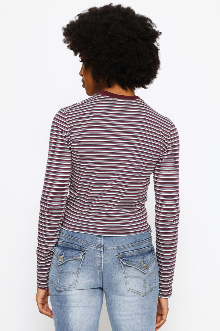 Long Sleeve Yarn Dye Stripe Tee - Burgundy
