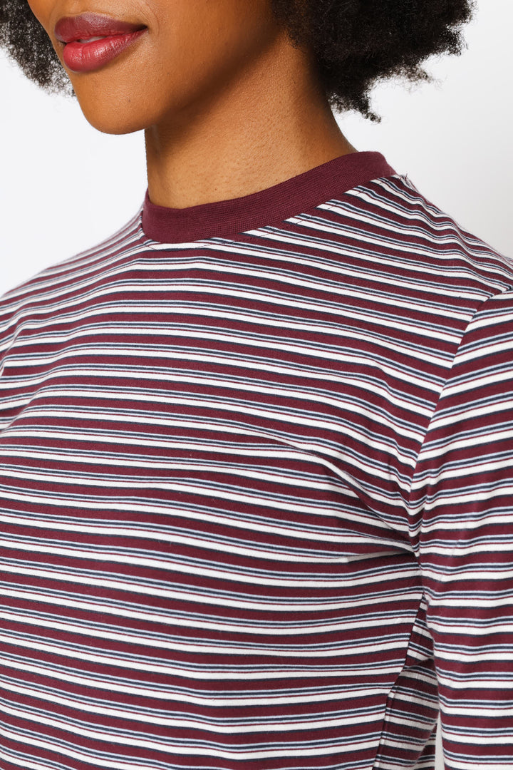 Long Sleeve Yarn Dye Stripe Tee - Burgundy
