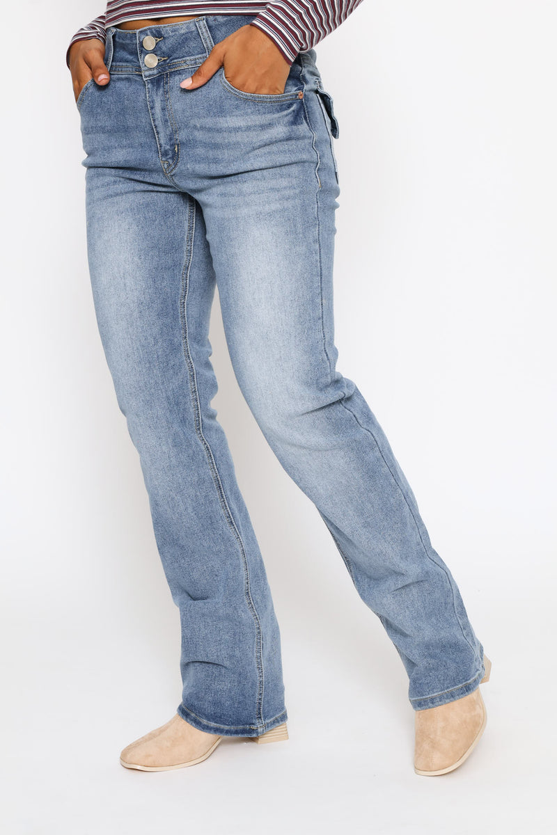 Boot Leg Stretch Denim - Mid Blue Spray