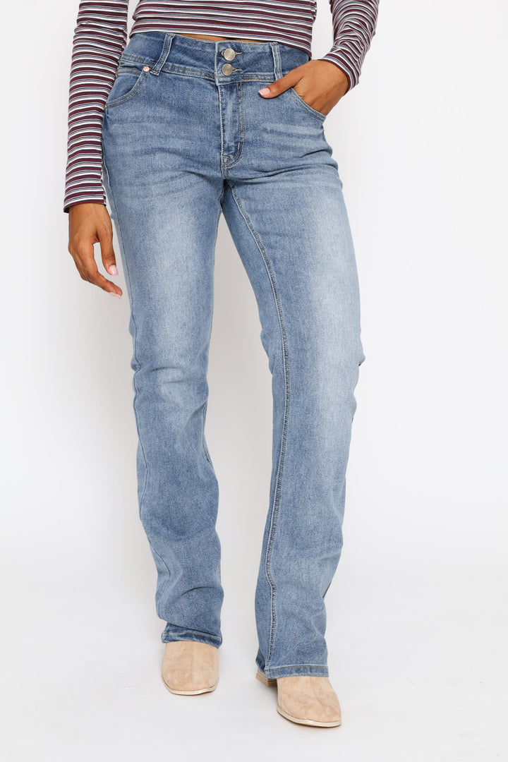 Boot Leg Stretch Denim - Mid Blue Spray