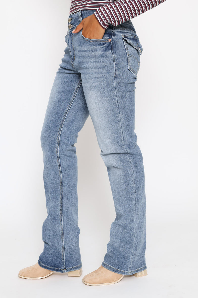 Boot Leg Stretch Denim - Mid Blue Spray
