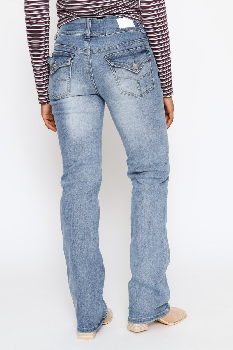 Boot Leg Stretch Denim - Mid Blue Spray