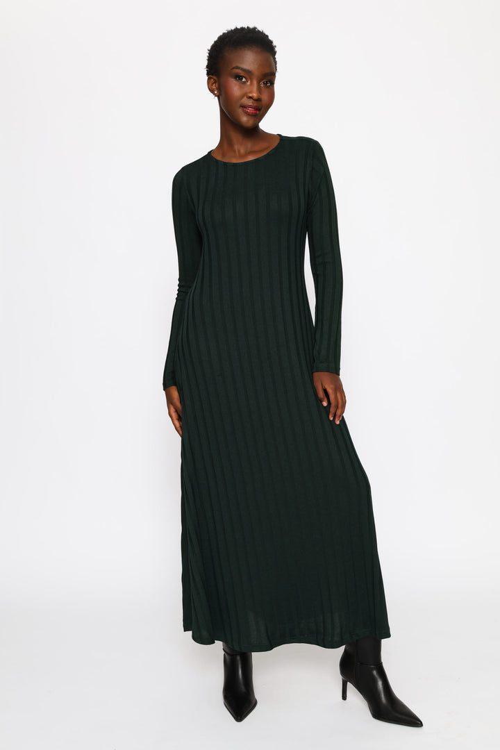 Long Sleeve Ribbed Fit & Flare Cut & Sew Midaxi Dress - Forest Green