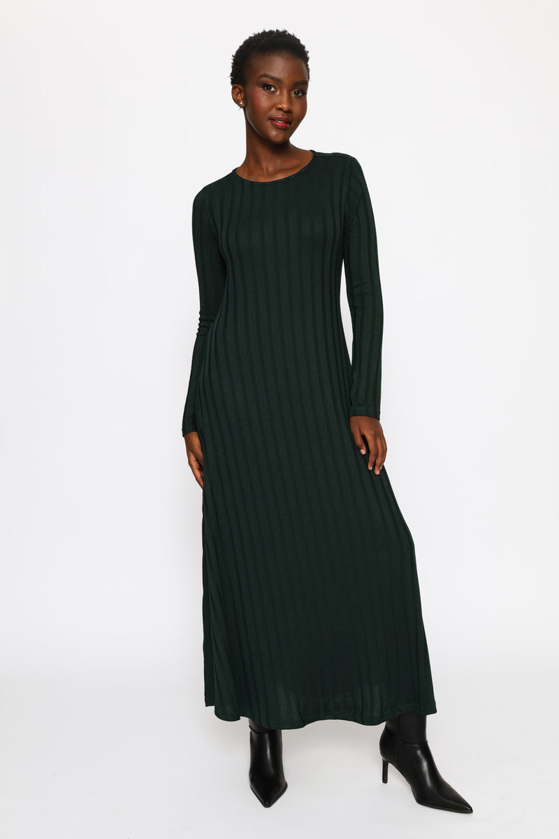Long Sleeve Ribbed Fit & Flare Cut & Sew Midaxi Dress - Forest Green