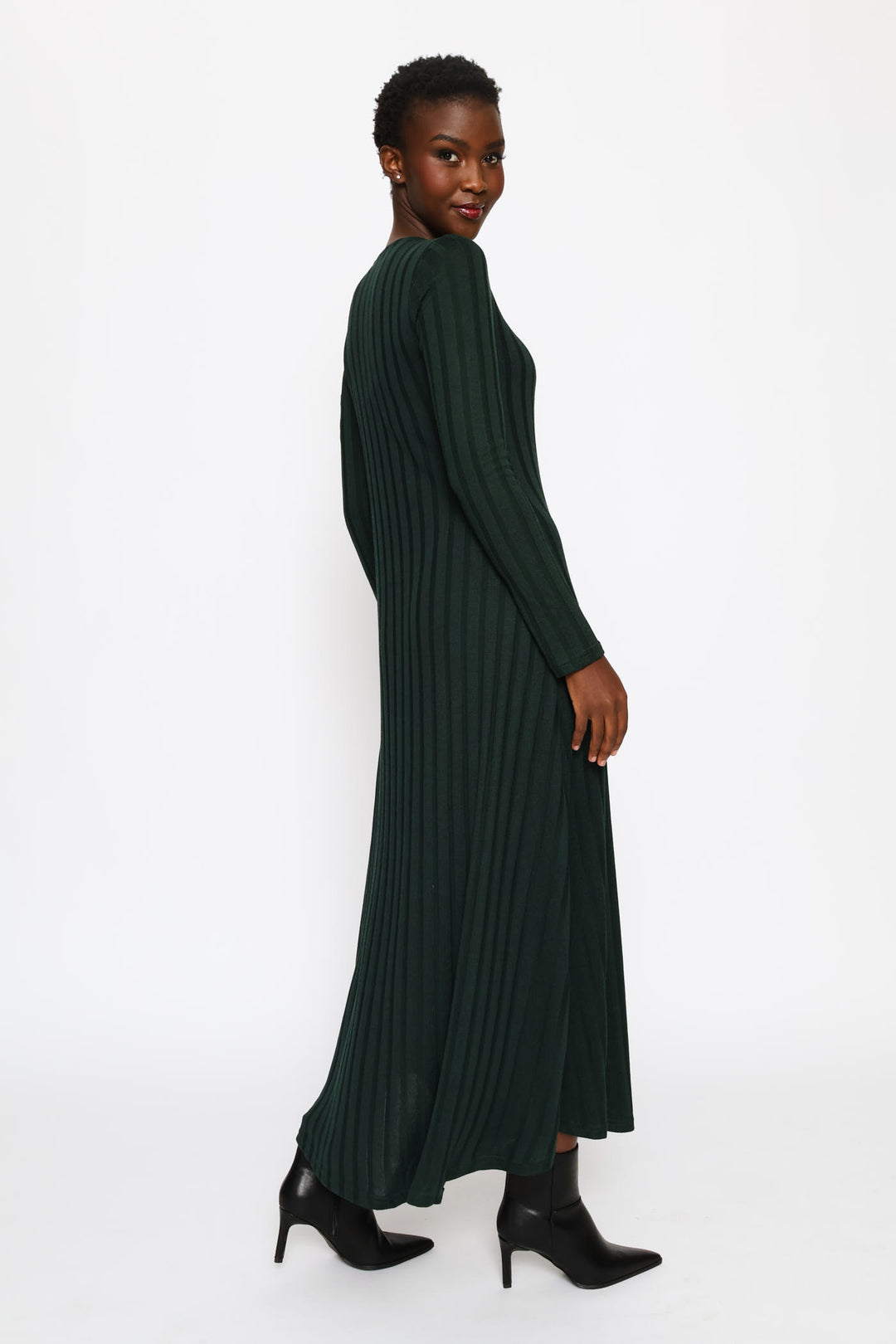 Long Sleeve Ribbed Fit & Flare Cut & Sew Midaxi Dress - Forest Green