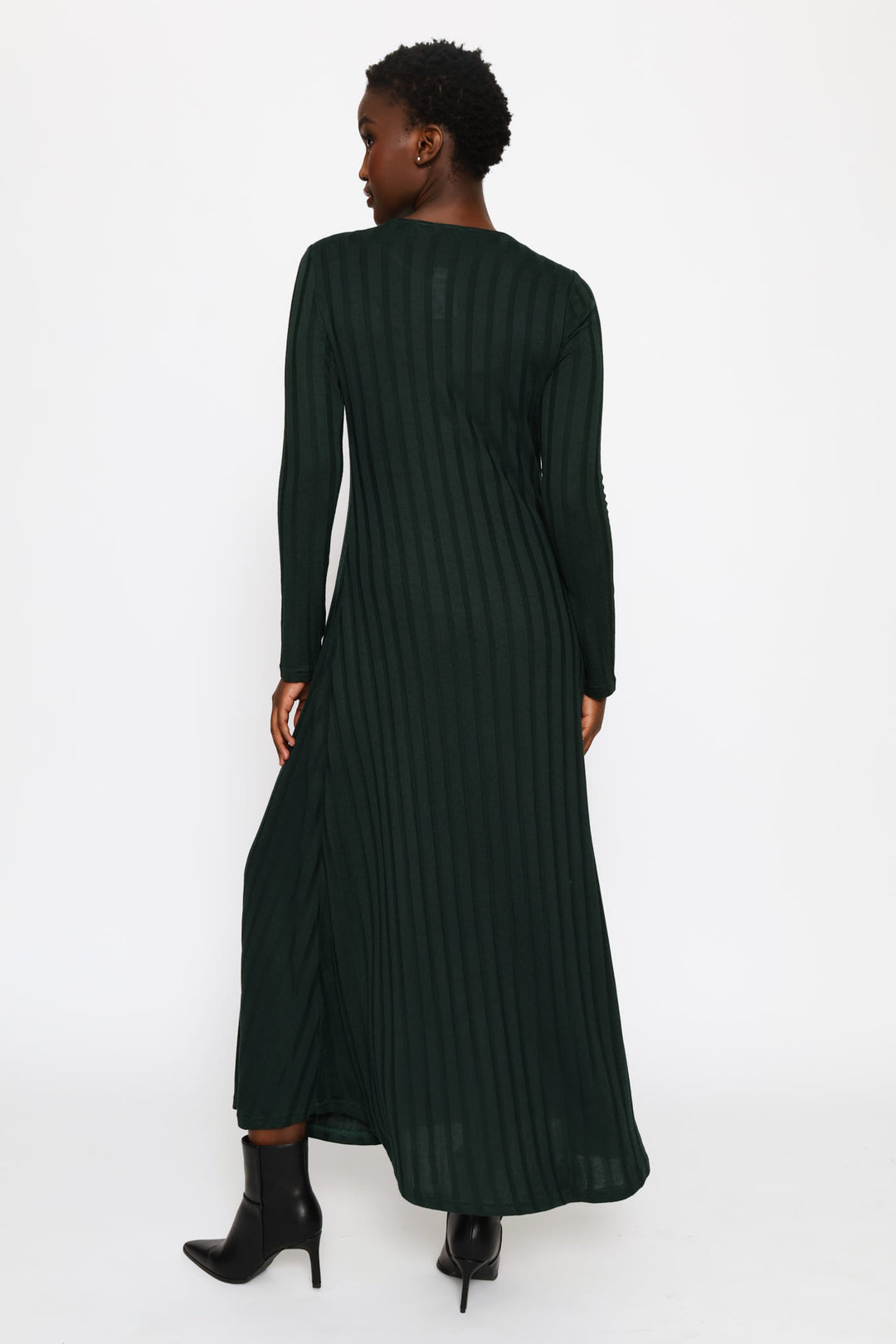 Long Sleeve Ribbed Fit & Flare Cut & Sew Midaxi Dress - Forest Green