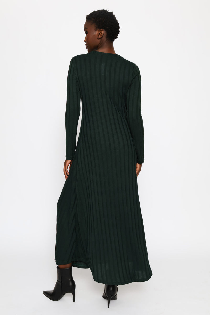 Long Sleeve Ribbed Fit & Flare Cut & Sew Midaxi Dress - Forest Green