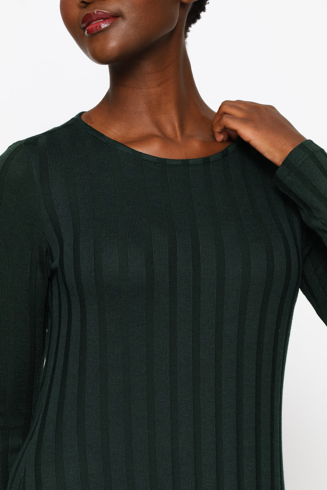 Long Sleeve Ribbed Fit & Flare Cut & Sew Midaxi Dress - Forest Green