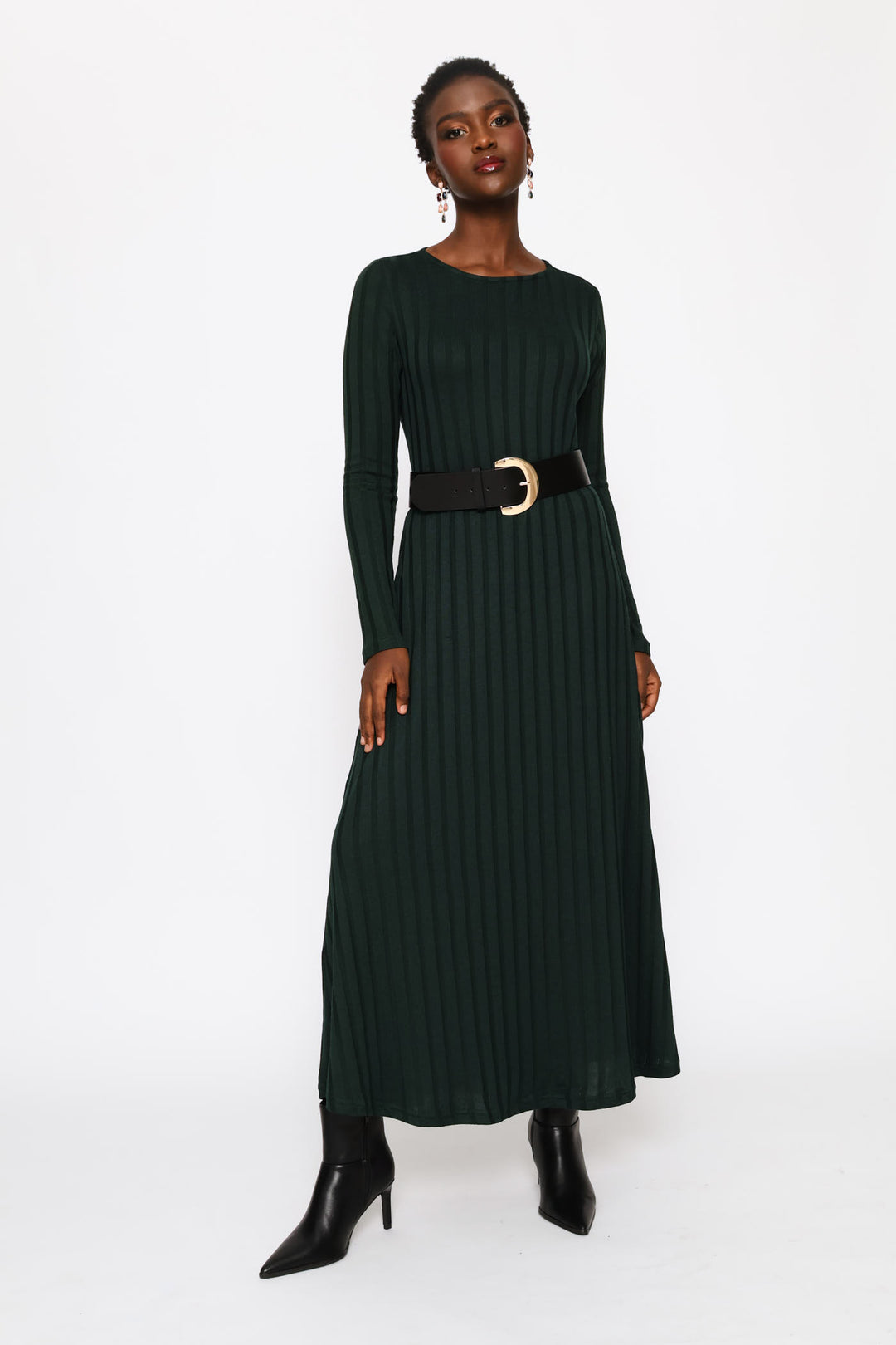 Long Sleeve Ribbed Fit & Flare Cut & Sew Midaxi Dress - Forest Green