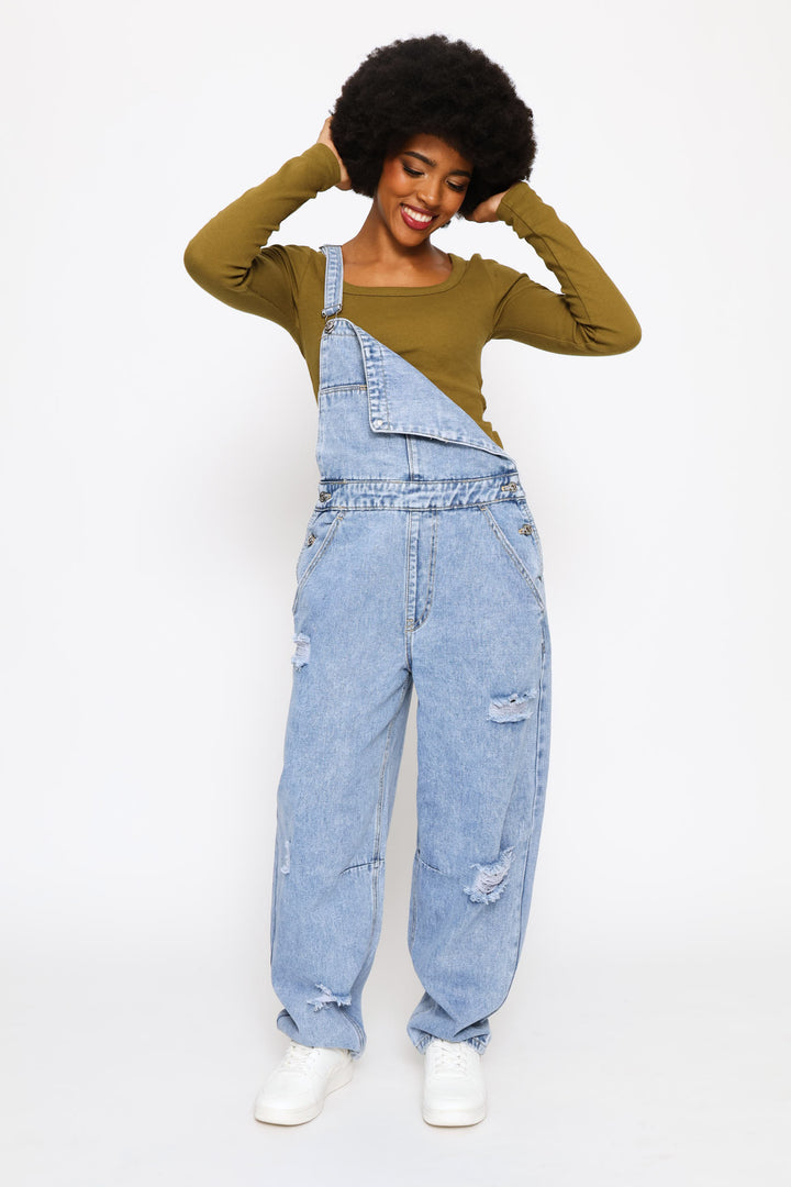 Abraised Denim Dungaree - Salty Mid Wash