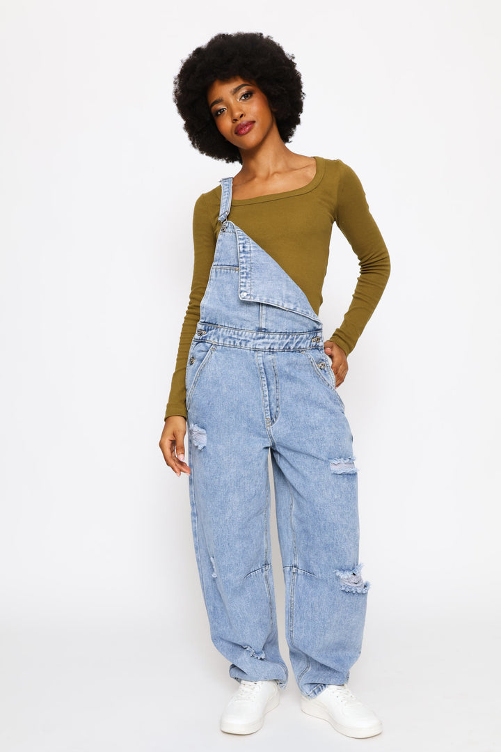 Abraised Denim Dungaree - Salty Mid Wash