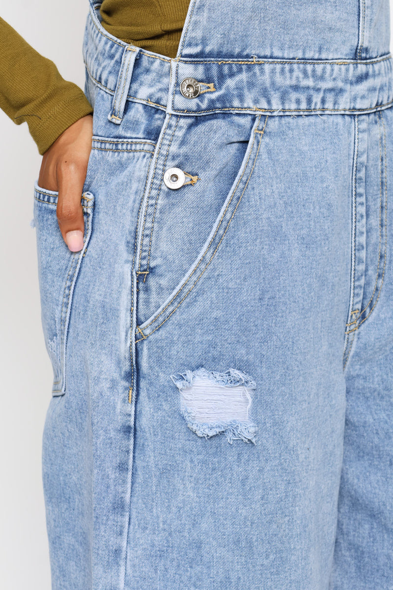 Abraised Denim Dungaree - Salty Mid Wash