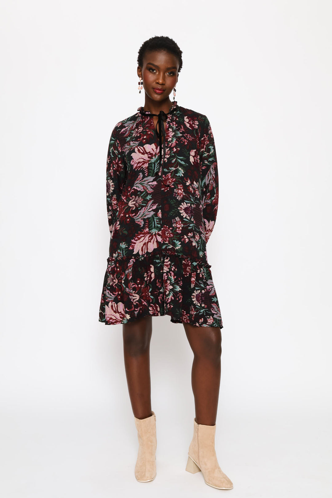 Drop Waist Frill Hem Mini Dress - Black