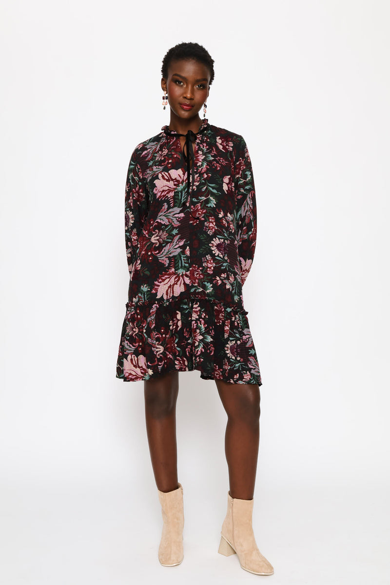 Drop Waist Frill Hem Mini Dress - Black