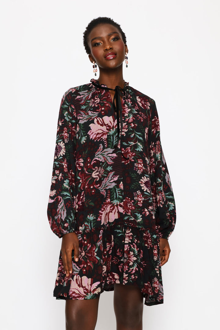 Drop Waist Frill Hem Mini Dress - Black