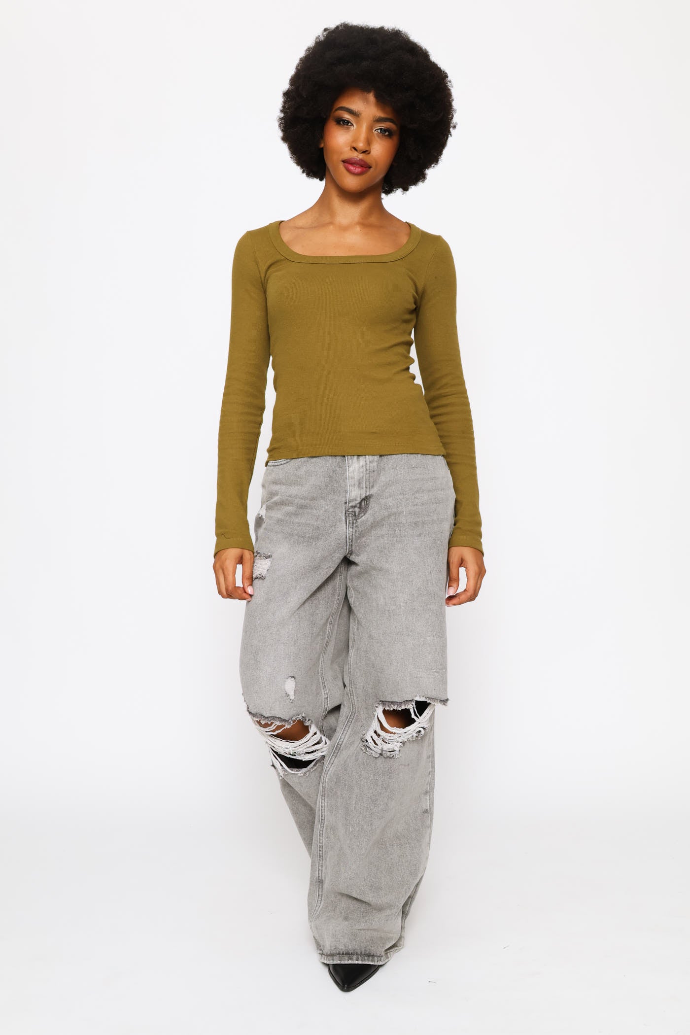 Ladies Long Sleeve Square Neck Basic Rib Tee - Olive – Edgars