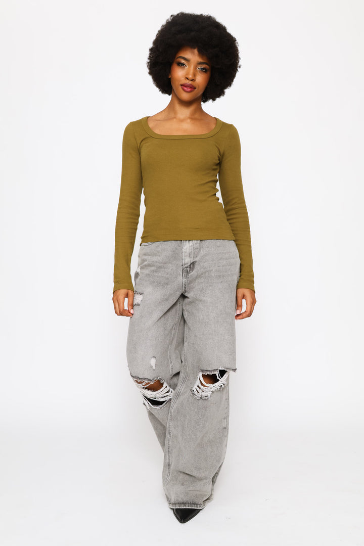 Long Sleeve Square Neck Basic Rib Tee - Olive
