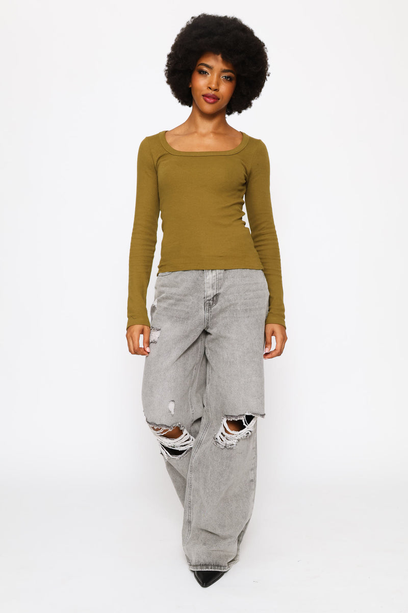 Long Sleeve Square Neck Basic Rib Tee - Olive