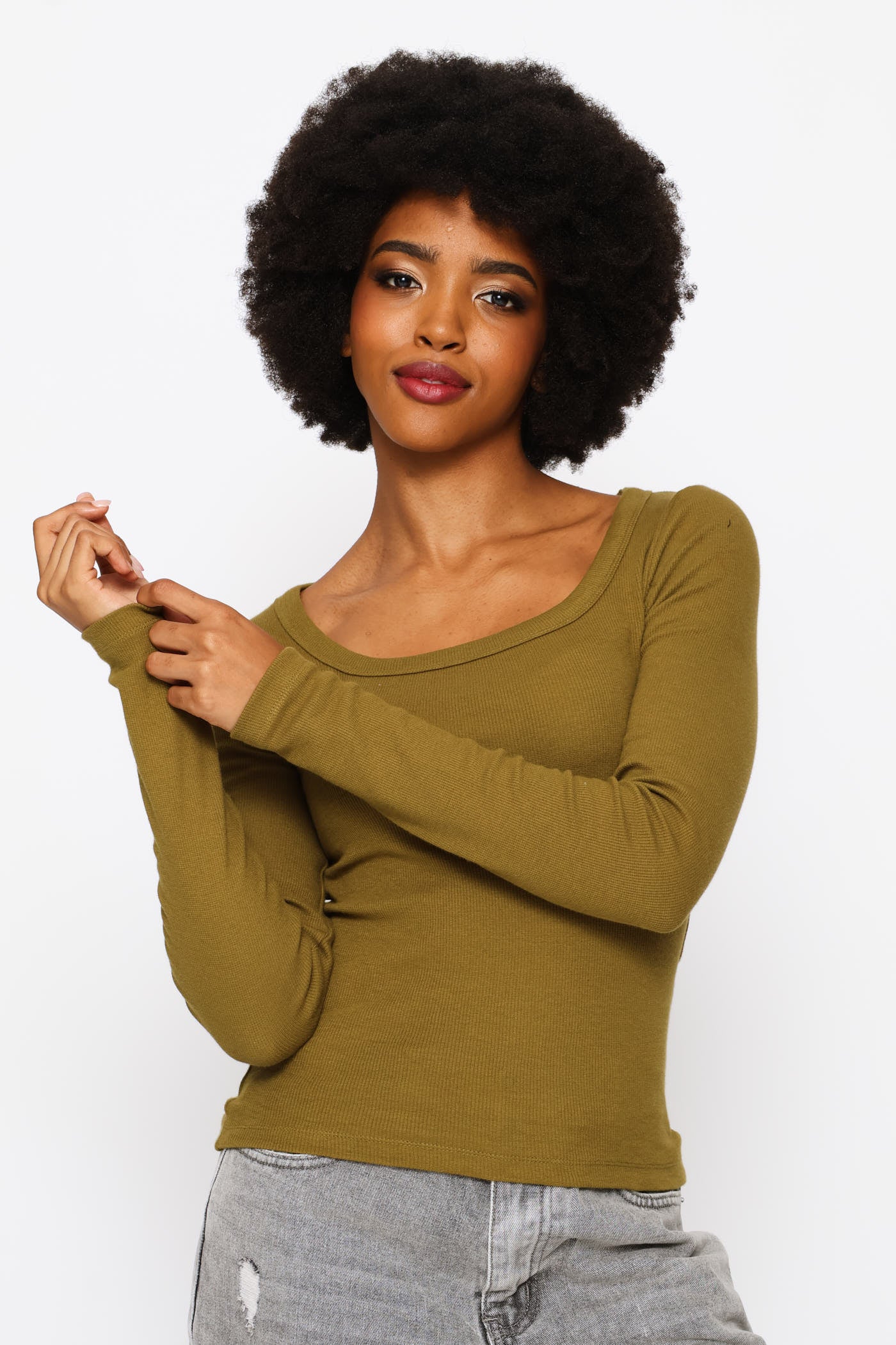 Ladies Long Sleeve Square Neck Basic Rib Tee - Olive – Edgars