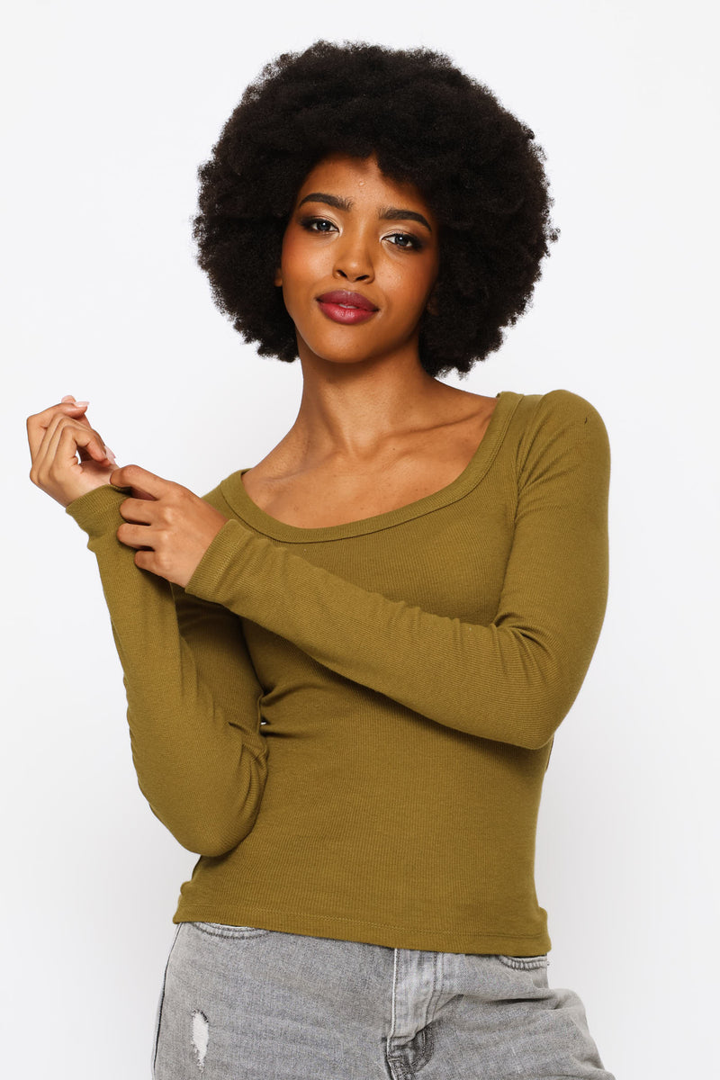 Long Sleeve Square Neck Basic Rib Tee - Olive