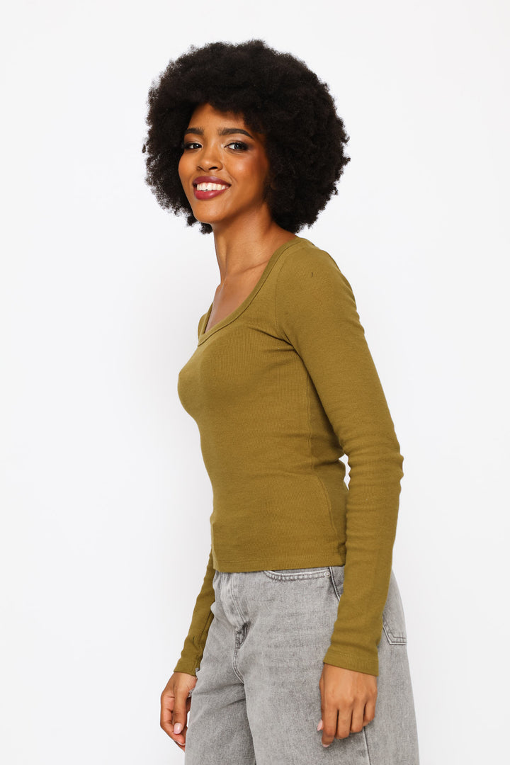 Long Sleeve Square Neck Basic Rib Tee - Olive