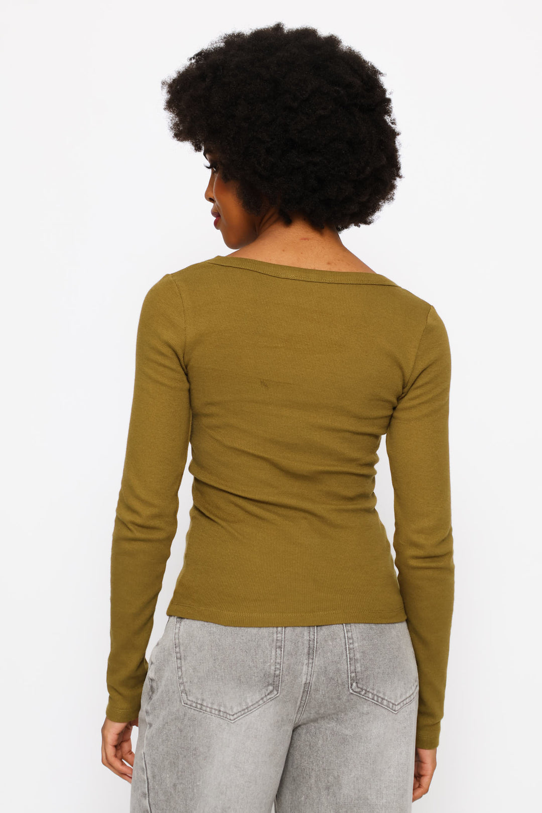 Long Sleeve Square Neck Basic Rib Tee - Olive